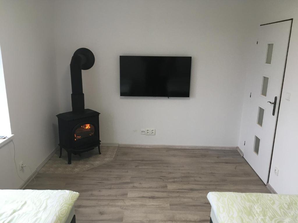 a room with a fireplace and a television on a wall at Apartmány U Hadiny in Humpolec