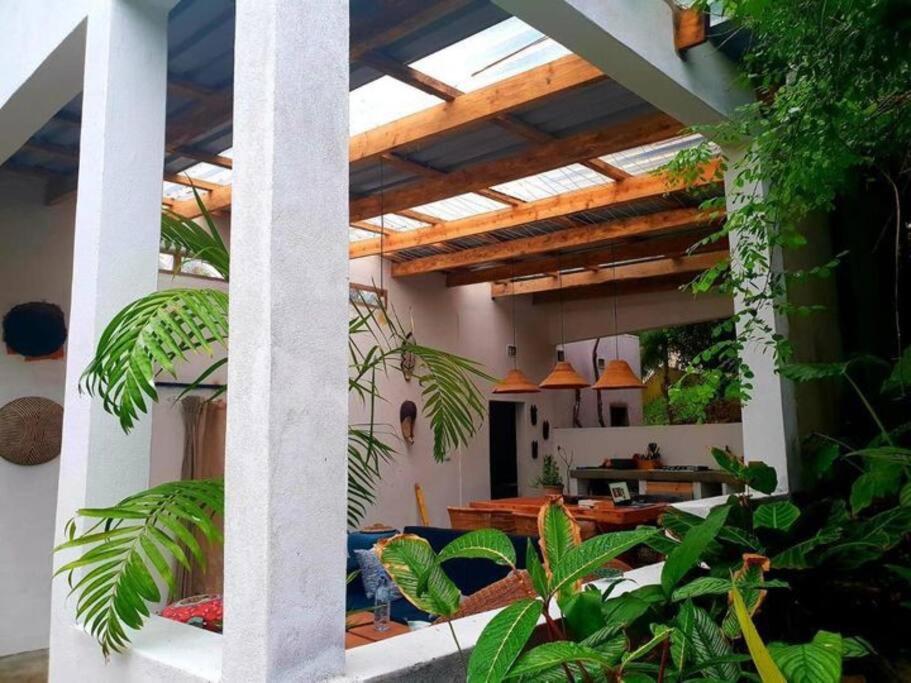 an outdoor room with plants and a ceiling at Hakha Beach House in Praia do Tofo