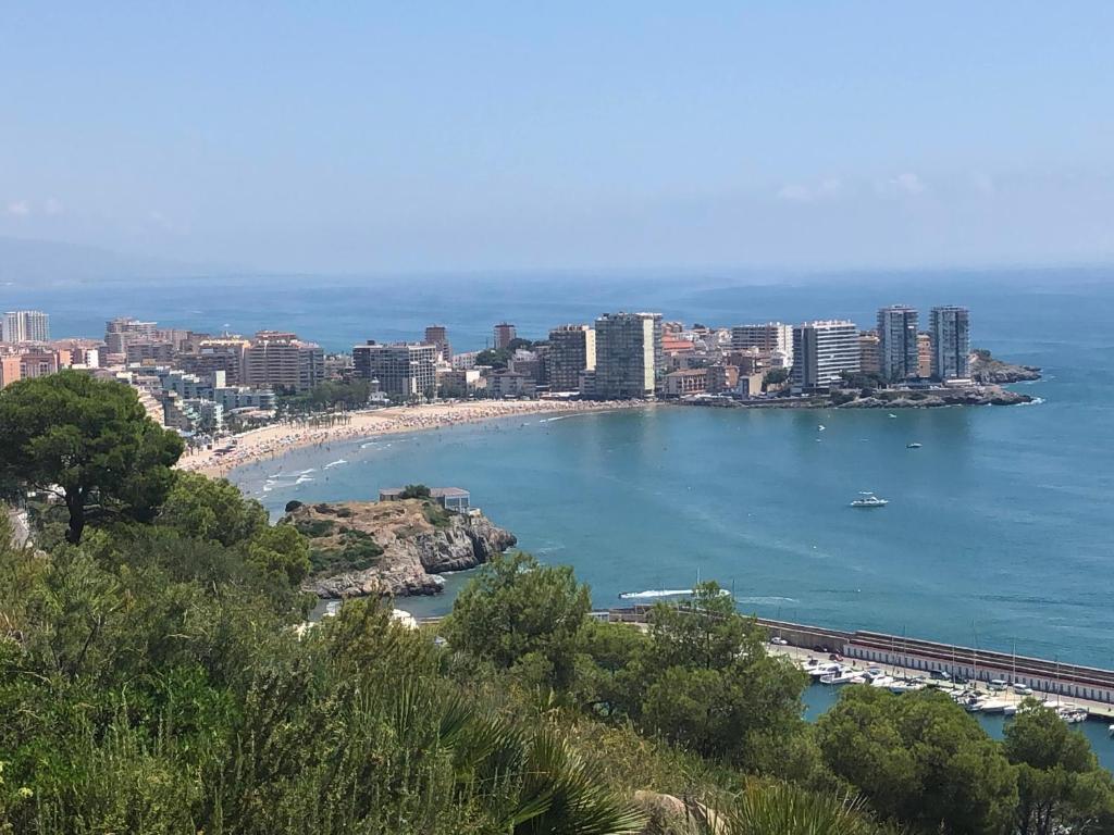 - une vue sur la ville et une plage avec un train dans l'établissement Sirocco Apartamento, à Oropesa del Mar