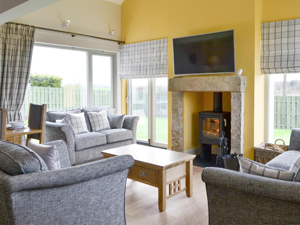 uma sala de estar com sofás e uma lareira com uma televisão em Veleta em Grange