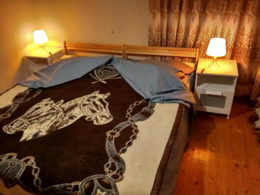 - une chambre avec une couverture de cheval sur un lit dans l'établissement Christos, à Asvestokhórion