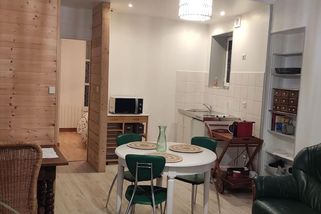pokój ze stołem i krzesłami oraz kuchnią w obiekcie Appartement cosy à 2 pas des rues piétonnes w mieście Chalon-sur-Saône