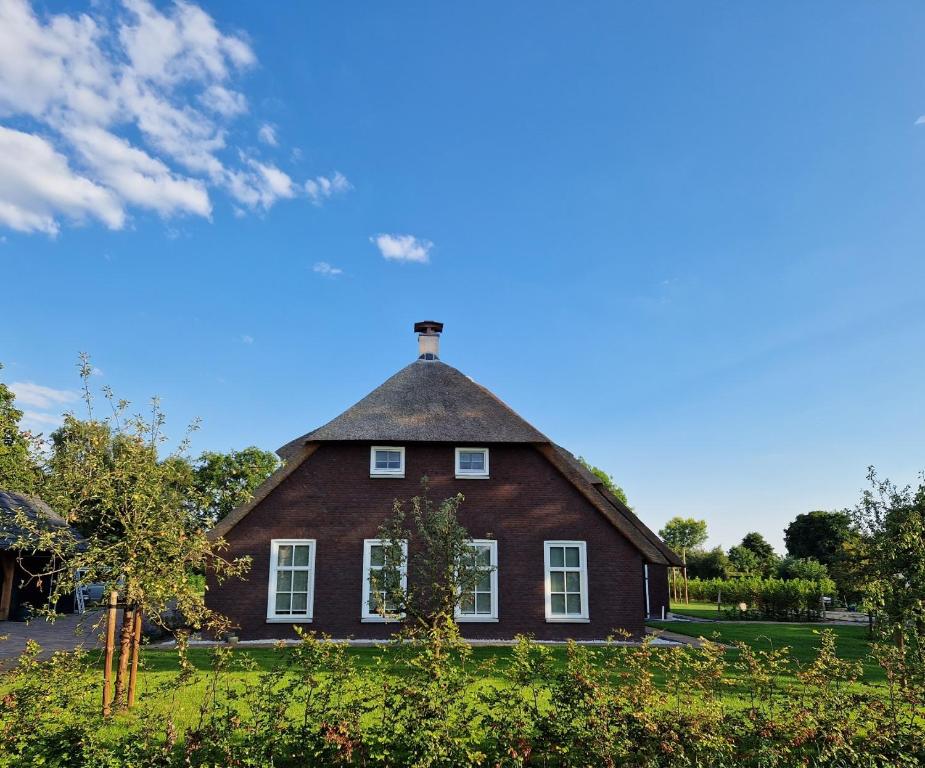 een groot bakstenen huis met een rieten dak bij De WiedenWeide in Wanneperveen