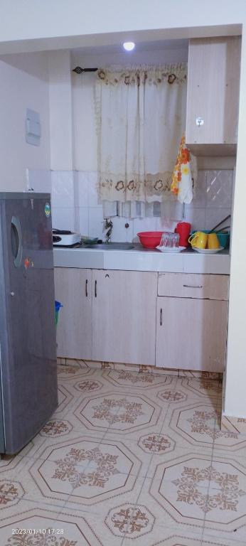 a kitchen with a sink and a refrigerator at Josy studio in Kitengela 