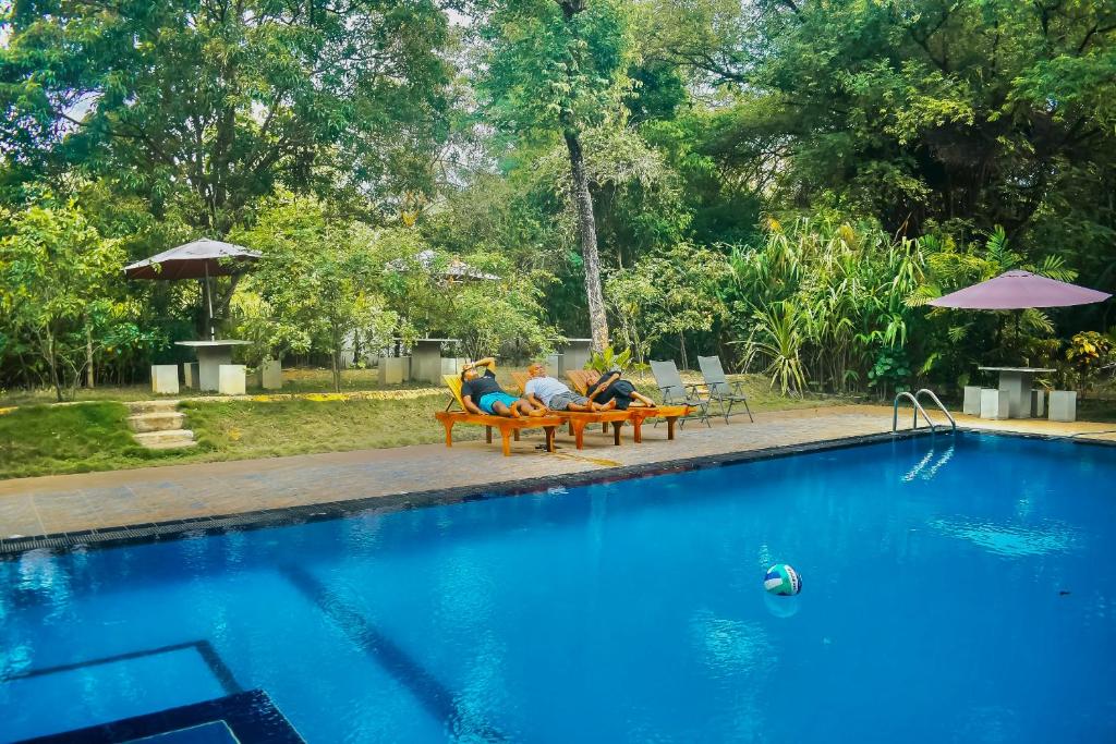 un groupe de personnes assises sur des bancs à côté d'une piscine dans l'établissement Dudley Nature Resort, à Habarana