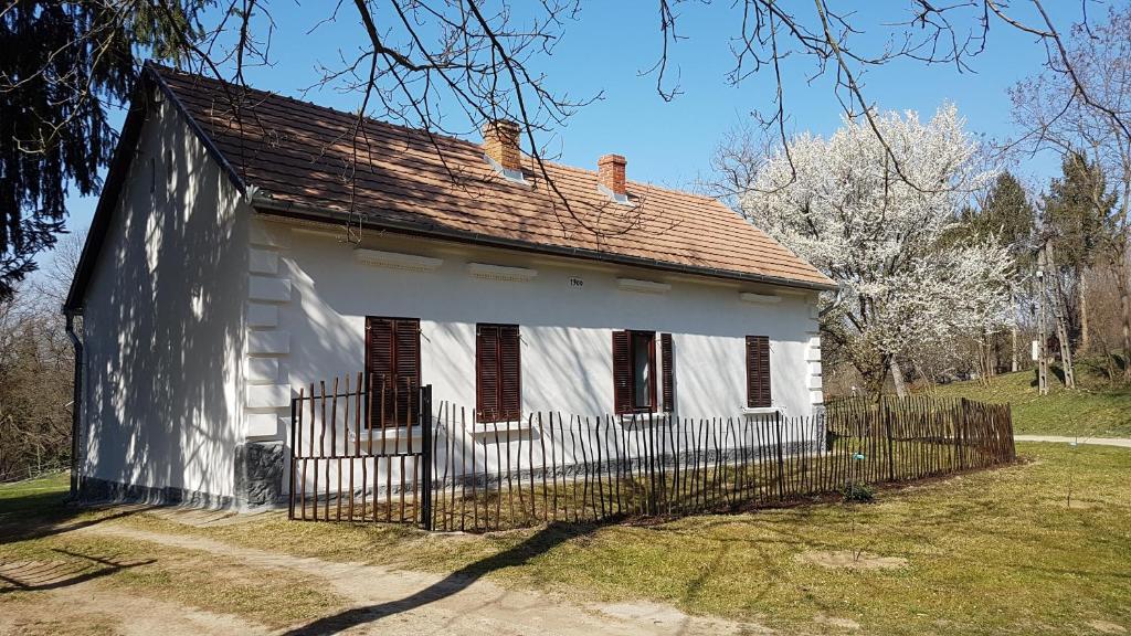ein altes weißes Haus mit einem Zaun im Hof in der Unterkunft Zselic Szíve Parasztház in Simonfa