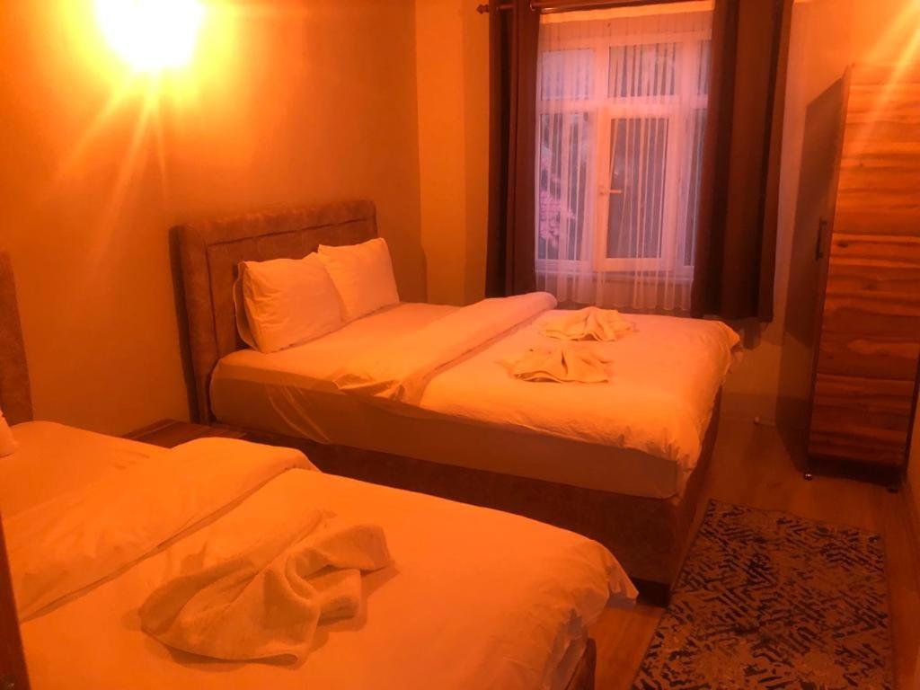 DemirciKanyonpark Konaklama ve Restoran的一间带窗户的小房间里有两张床