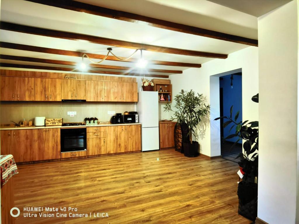 a large kitchen with wooden floors and wooden cabinets at Vatra Strabunilor in Moigrad
