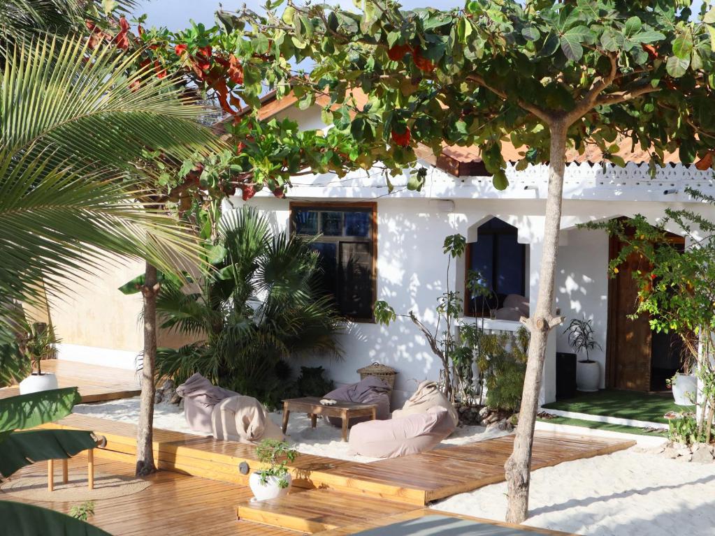 a house with a courtyard with a tree at Dar Mar Hostel & Coworking in Paje