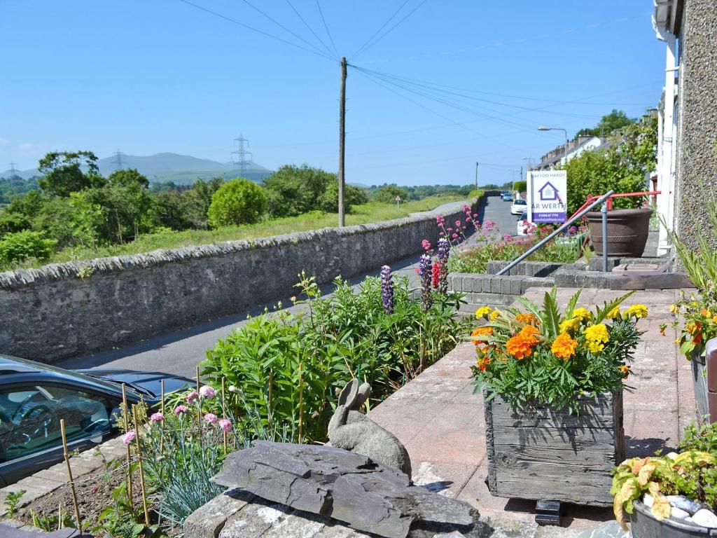 a garden with flowers on the side of a building at Delfryn in Pen-y-groes