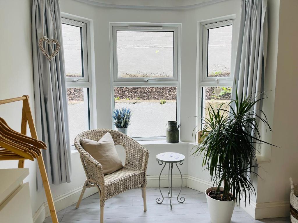 a living room with a chair and two windows at Lavender Den in London