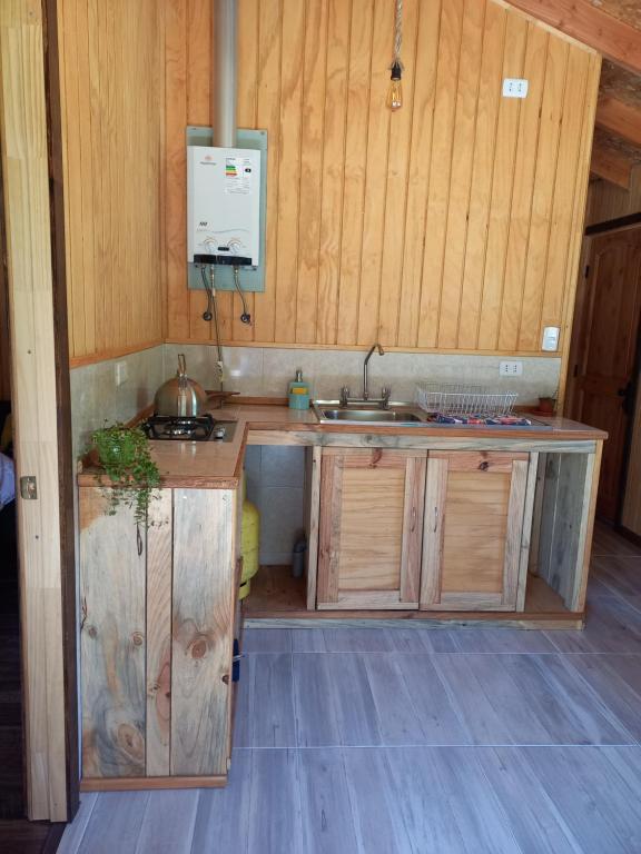 una cucina con armadi in legno e lavandino di Cabaña Los Chilcos a Curacautín