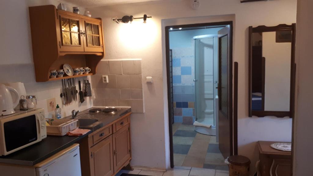 Kuchyň nebo kuchyňský kout v ubytování Chalupa, 3x apartmány, 11 lůžek.
