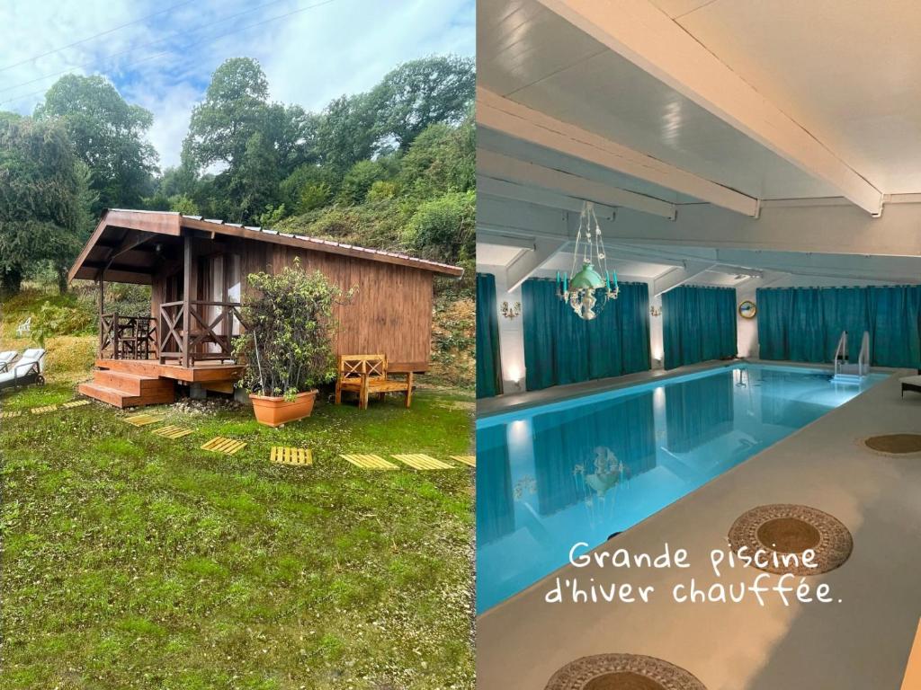 ein Haus mit einem Pool und einem Hinterhof in der Unterkunft 7eme ciel - Tiny House avec Grande Piscine intérieure chauffée toute l'année in Marais-Vernier