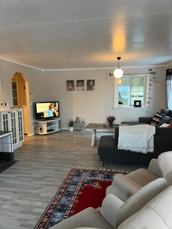 sala de estar con sofá y TV en Comfortable 3 bedroom Apartment on one floor., en Sandefjord