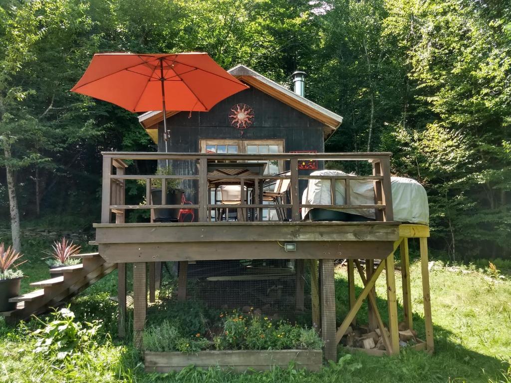 a tree house with an umbrella on top of it at Catskills tiny house cabin in Livingston Manor