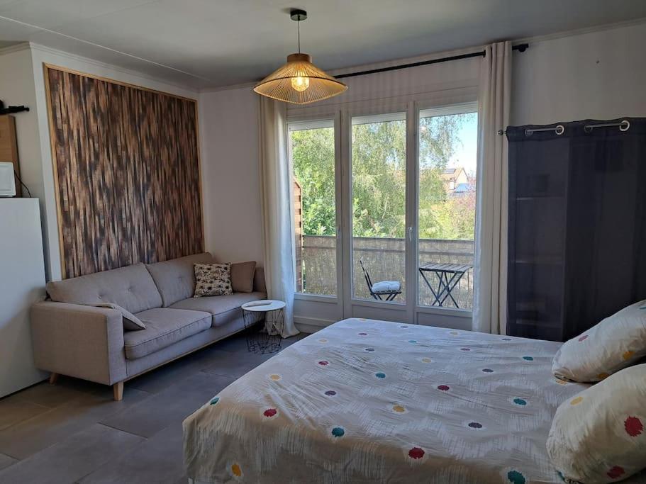 1 dormitorio con 1 cama grande y 1 sofá en Studio dans maison avec jardin et balcon, au calme, en Sérézin-du-Rhône