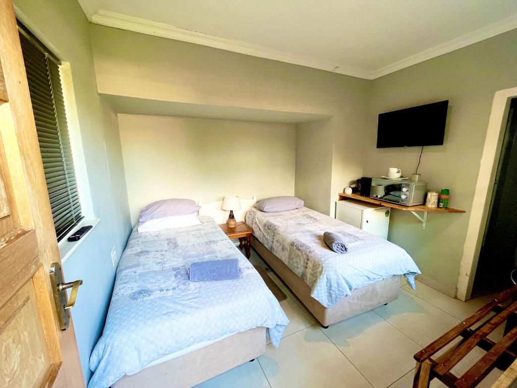 1 dormitorio con 2 camas y TV. en Wamelia Guesthouse en Bloemfontein