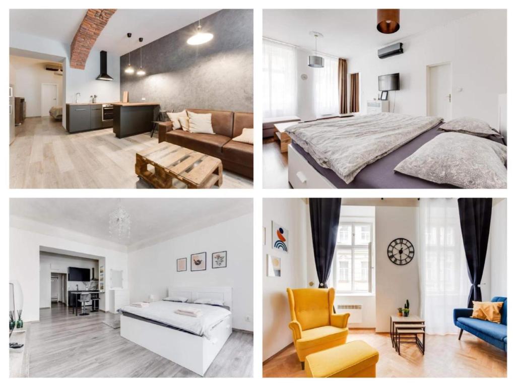 un collage de photos d'une chambre et d'un salon dans l'établissement Lovely Apartments Heart of Prague, à Prague