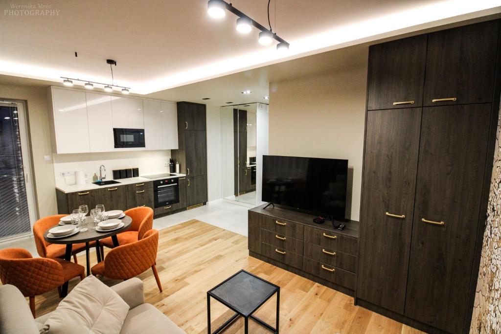 - un salon avec un canapé, une télévision et une table dans l'établissement D Apartments Centrum Ziemia, à Białystok