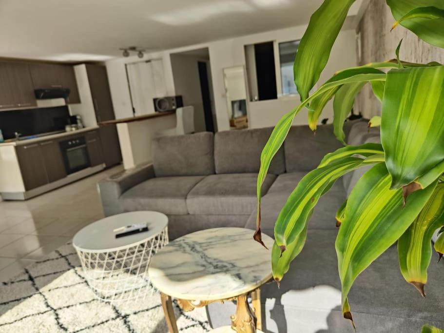 un soggiorno con divano e tavolo di ZIN AND GREEN JACUZZI SuperbeT2 spacieux idéalement situé a Vitrolles