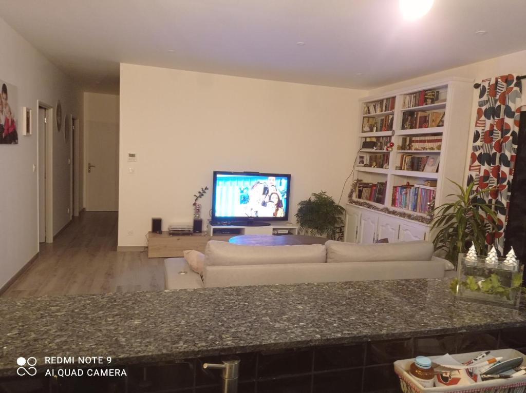 sala de estar con sofá y TV en La maison du midi, en Cérans-Foulletourte