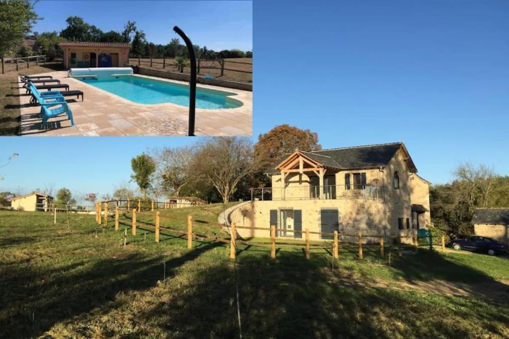 deux photos d'une maison et d'une piscine dans l'établissement Country house with swimming pool Le Moulinas, à Saint-Salvadou