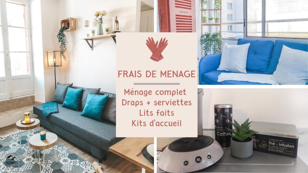 a collage of photos of a living room with blue furniture at La Loggia - Appartement Terrasse + Garage à Grenoble in Grenoble