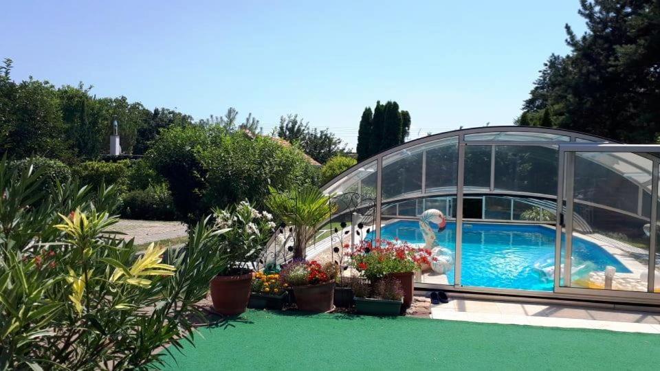 a greenhouse and a swimming pool in a garden at Fülöp Kisház in Balatonszepezd