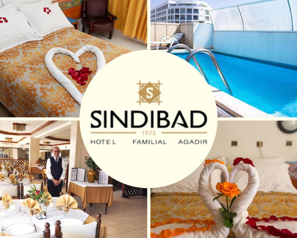 uma colagem de fotografias de um hotel com um avatar terminal de hotel em Hotel Sindibad em Agadir