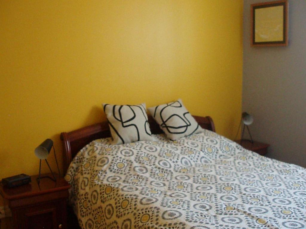 a bedroom with a bed with two pillows on it at Chez Marie et Gégé in Puyréaux