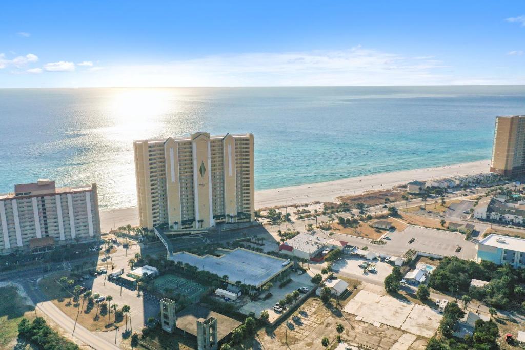 an aerial view of a city and the beach at Emerald Isle by Panhandle Getaways in Panama City Beach