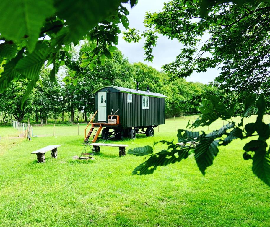 a green tiny house sitting on top of a field at The Big Green Shepherds Hut in Charlwood