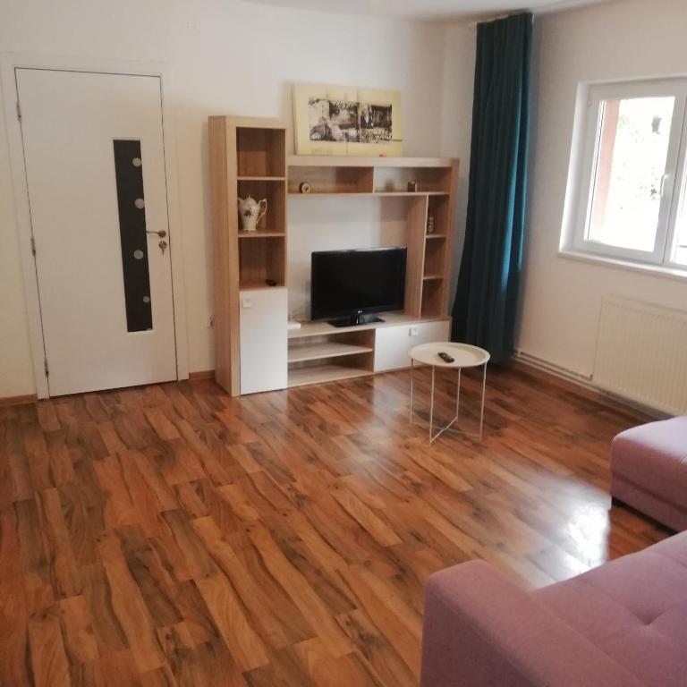 a living room with a television and a wooden floor at Ruud Mall in Timişoara