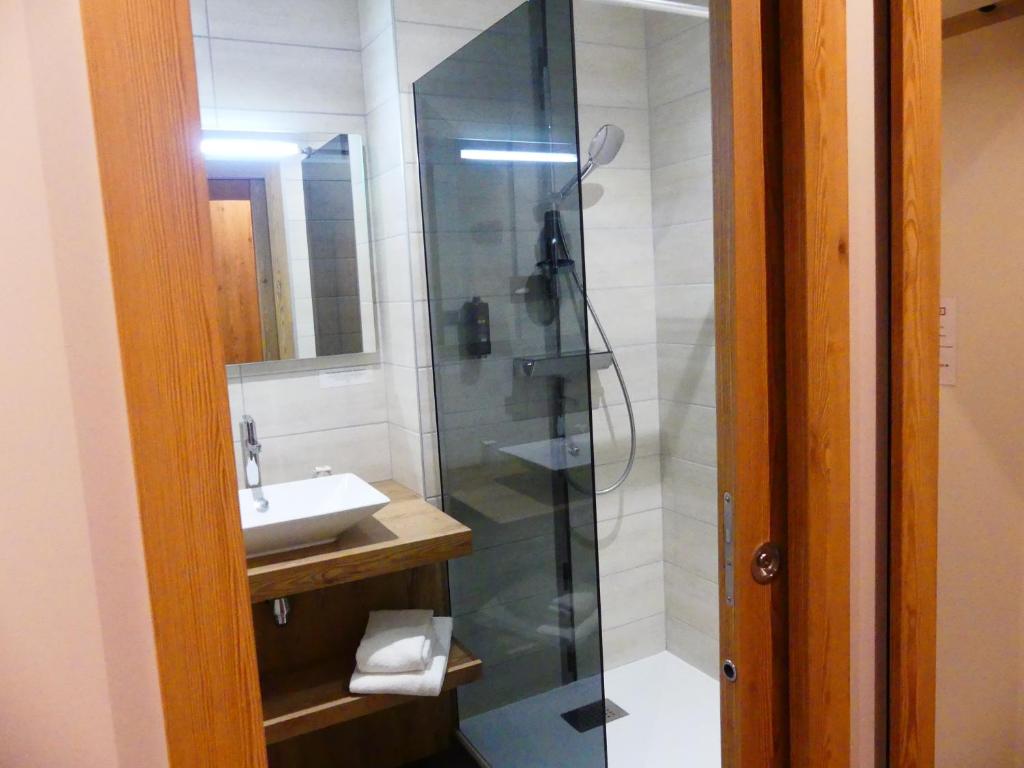 a bathroom with a glass shower and a sink at Logis Hotel Des Bains in Gérardmer