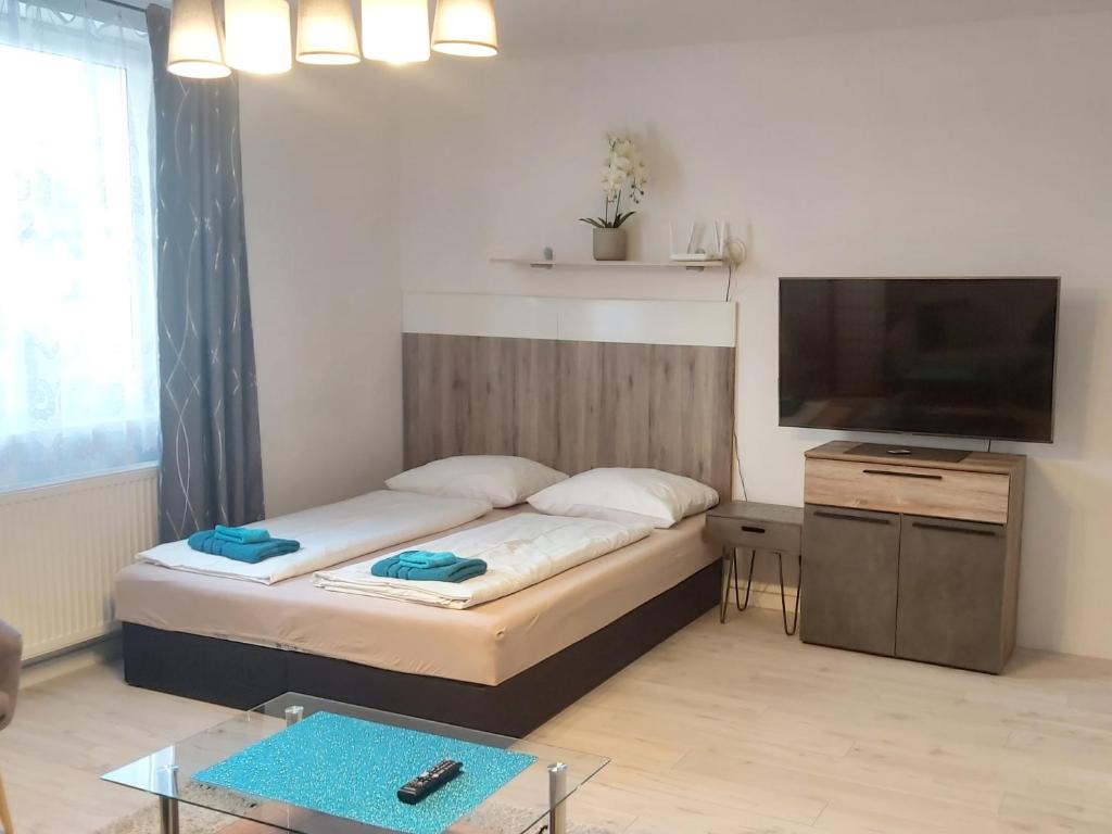 Schlafzimmer mit einem Bett und einem Flachbild-TV in der Unterkunft Apartmán CENTRAL in Banská Bystrica