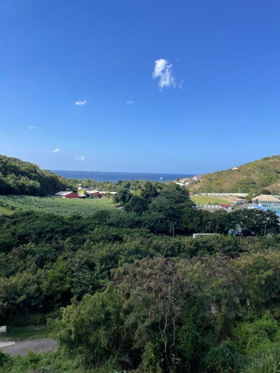 勒卡尔贝Sunset Appart, T2 avec vue mer et plage à 1 km的空中飞过田野的飞机