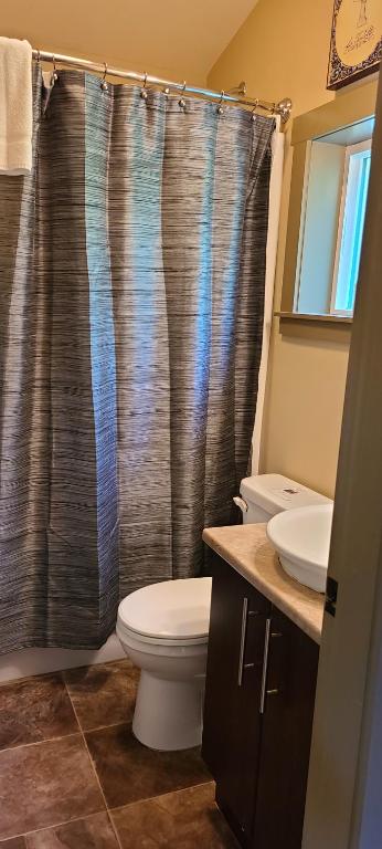 a bathroom with a toilet and a shower curtain at A Shack In The Woods in Port Renfrew