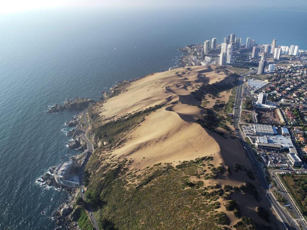 eine Luftansicht auf einen Strand neben dem Meer in der Unterkunft Exquisito Departamento Reñaca en el sector más turístico in Viña del Mar