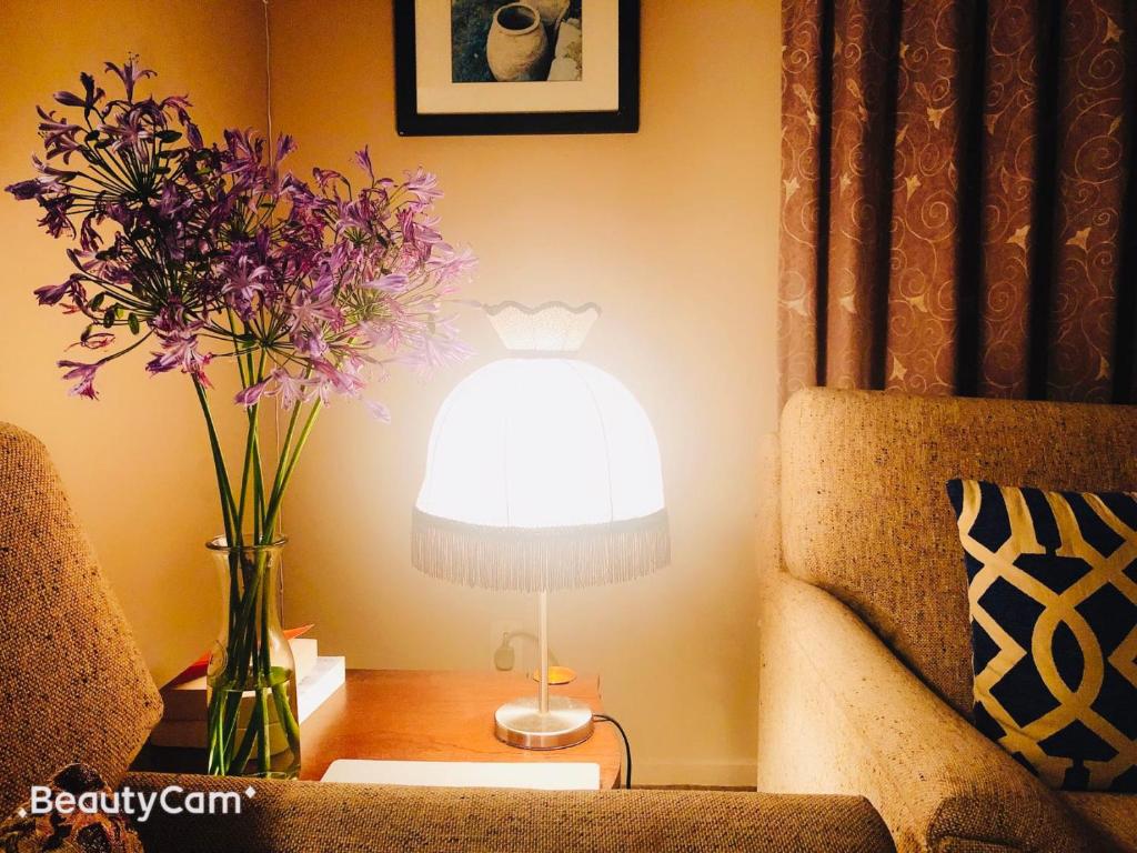 a table with a lamp and a vase of purple flowers at Family Villa in Christchurch