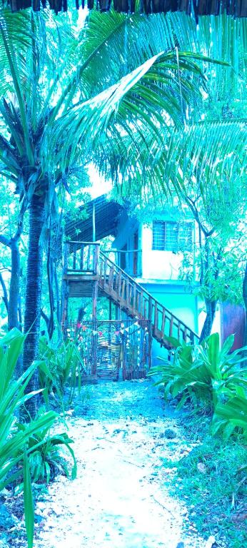 a house with a wooden staircase in a garden at blue lilu Kizimkazi in Kizimkazi