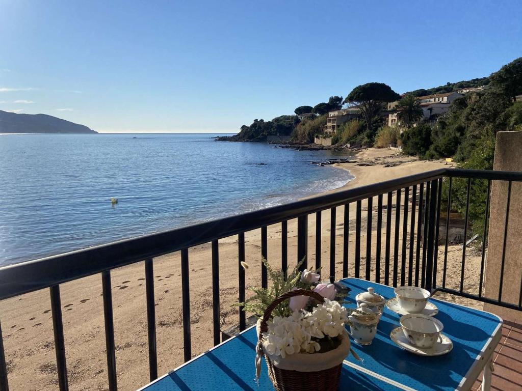 a table on a balcony with a view of the beach at Appartement Casaglione-Tiuccia, 2 pièces, 4 personnes - FR-1-61-477 in Casaglione