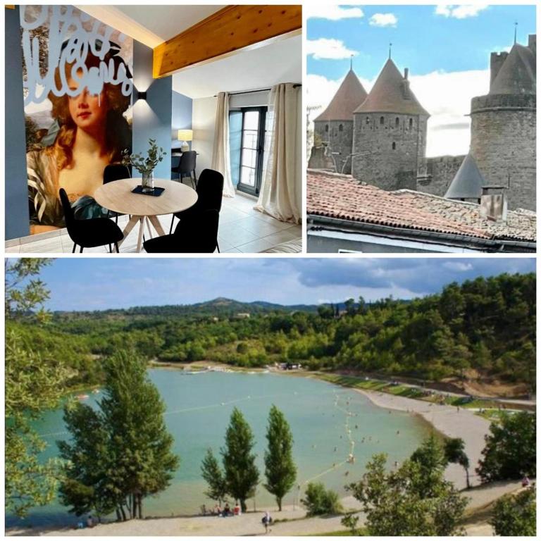 un collage de photos d'un château et d'un lac dans l'établissement Les Demoiselles de la Tour !, à Carcassonne