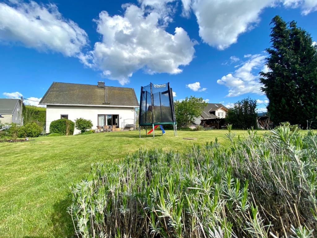 a house with a playground in the yard at Ferienhaus Elisabeth-Erzgebirge in Olbernhau