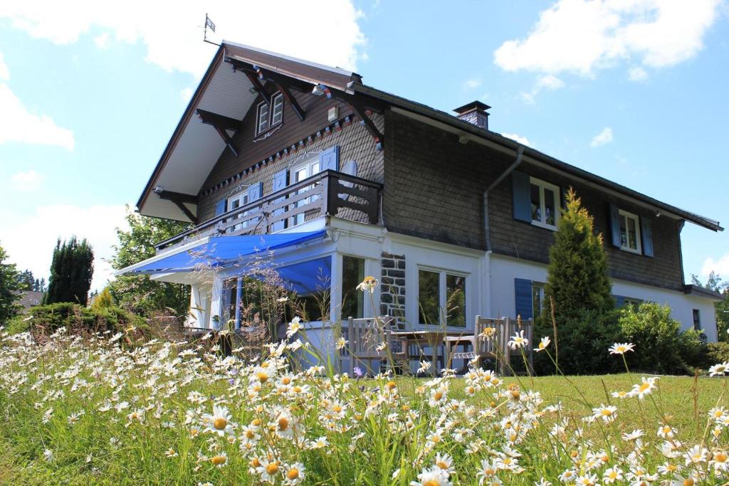 una casa en una colina con un campo de flores en Ferienhaus Margret, en Winterberg