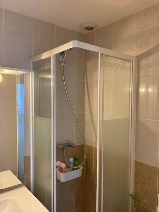 a shower with a glass door in a bathroom at Appartement 1 chambre proximité Port de commerce et Gare SNCF in Brest