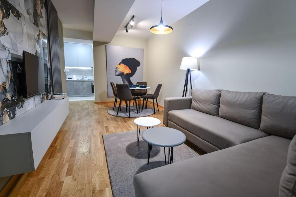 a living room with a couch and a table at Petar's aparment luxury new in Skopje