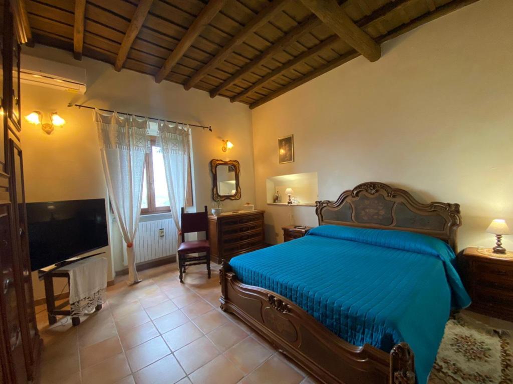 a bedroom with a bed and a tv and a mirror at Antico Casale Edifizio in Viterbo