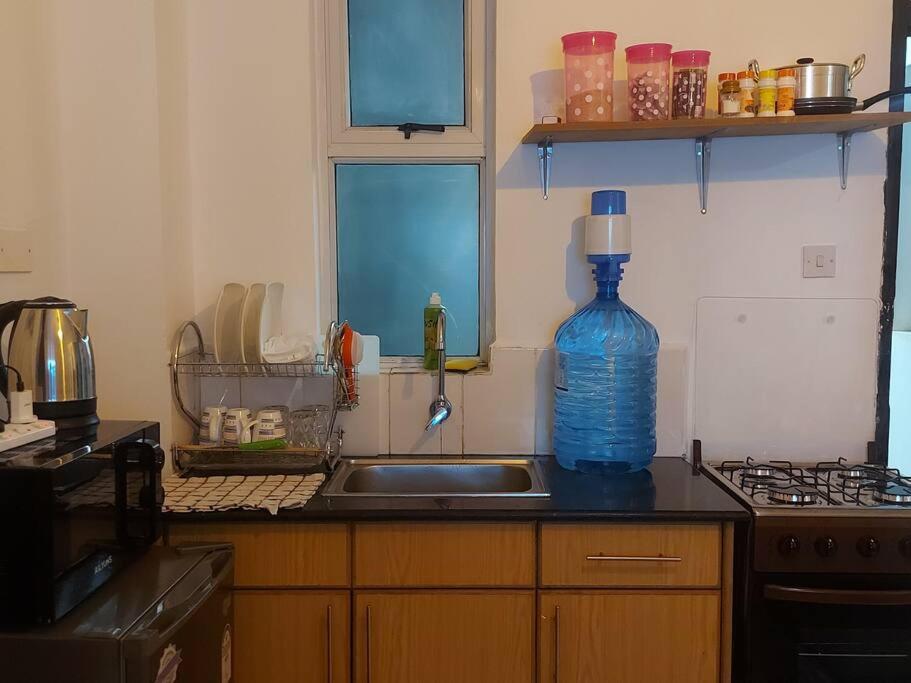 een keuken met een wastafel en een fles water bij Beta Studio Apartment in Nairobi