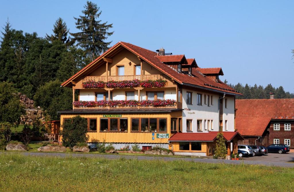 a large building with flowers on the balcony at Pension Wiesengrund in Neuschönau